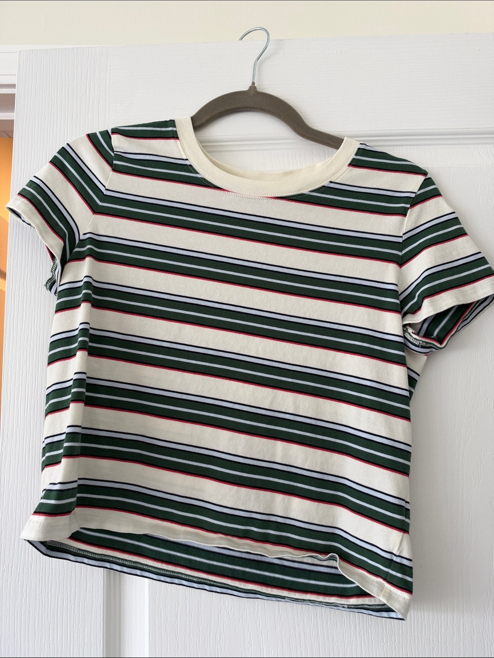Aritzia Short-Sleeve Striped Crewneck Tee in Cream, Green, Red